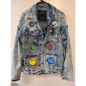 NEW WITH TAGS  Reason Clothing Smiley Face Multi-Pocket Distressed Denim Jacket